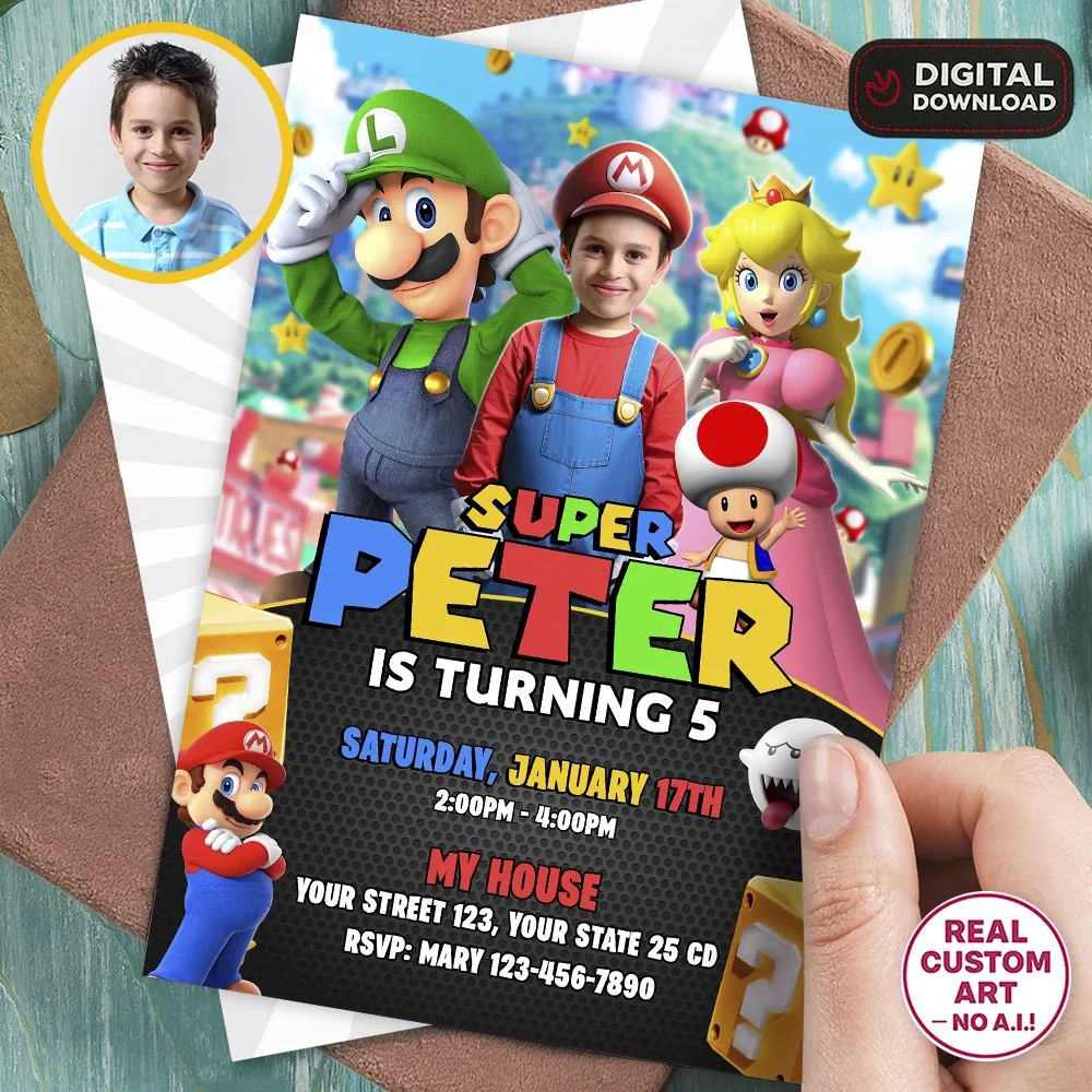 Super Mario Party Invitation | Custom Super Mario Photo Invite 1 Super Mario Party Invitation | Custom Super Mario Photo Invite