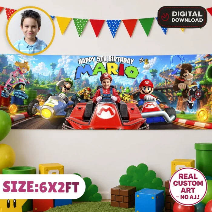 Mario Kart Photo Banner | Mario Kart Party Backdrop 6×2 ft 1 Mario Kart Photo Banner | Mario Kart Party Backdrop 6×2 ft