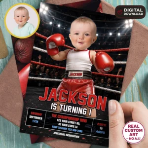 Round One Birthday Invitation | Custom Photo Boxer Baby Invite