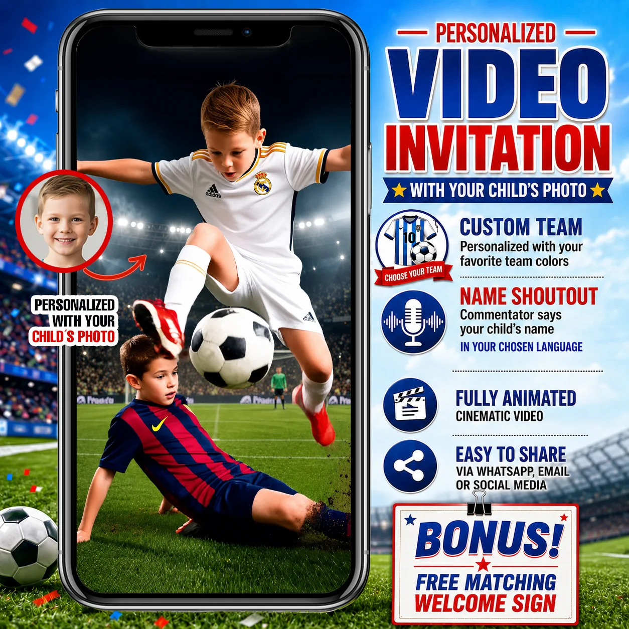Personalized birthday video invitation sent together with a short message containing party details