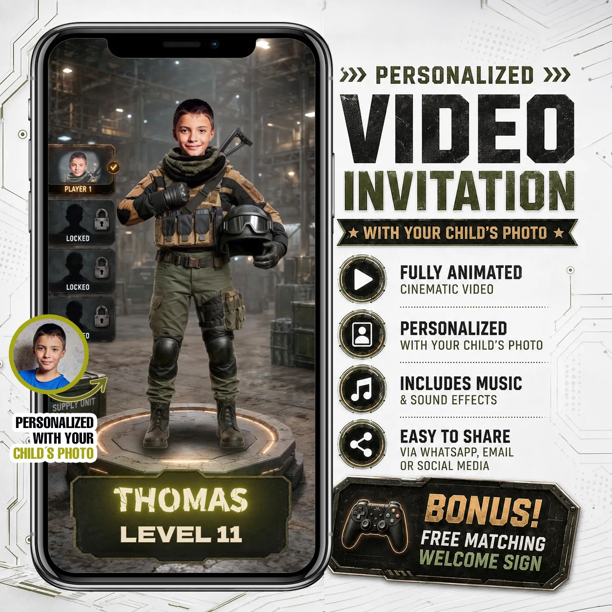 Well-designed personalized photo video birthday invitation with clear details and natural face integration