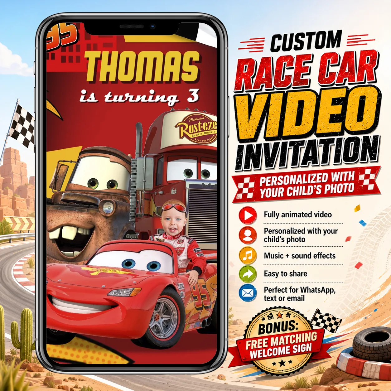Birthday kid integrated into a personalized action-style video invitation scene