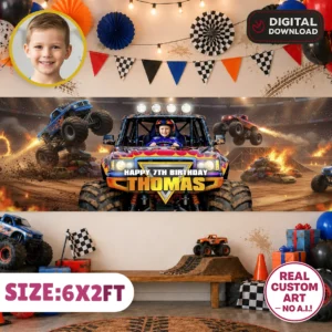 Monster Truck Photo Banner | Monster Truck Party Backdrop 6x2