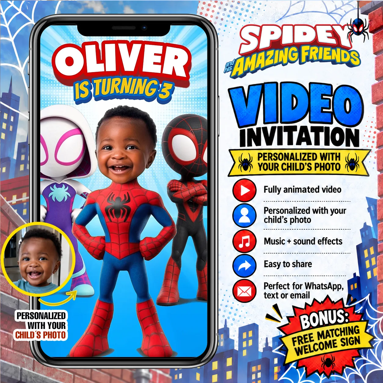 Close-up view of a custom kids birthday invitation with photo integrated into the scene