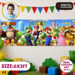 Custom Super Mario Banner | Super Mario Birthday Backdrop 6×2